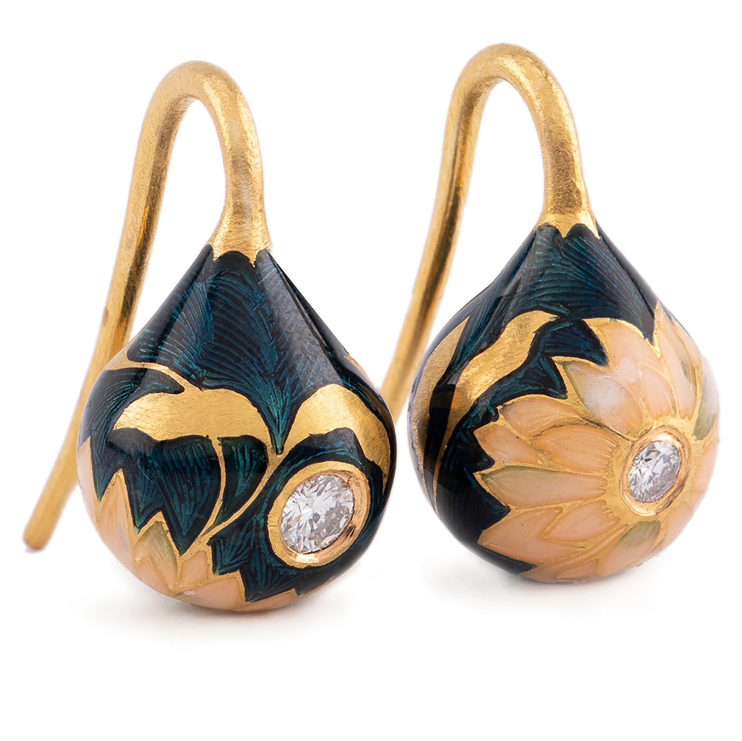 22K Gold Diamond & Blue Floral Enamel Mismatch Drop Earrings Handmade by Agaro For Sale