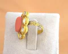22K gold diamond polki and natural Coral enamel ring