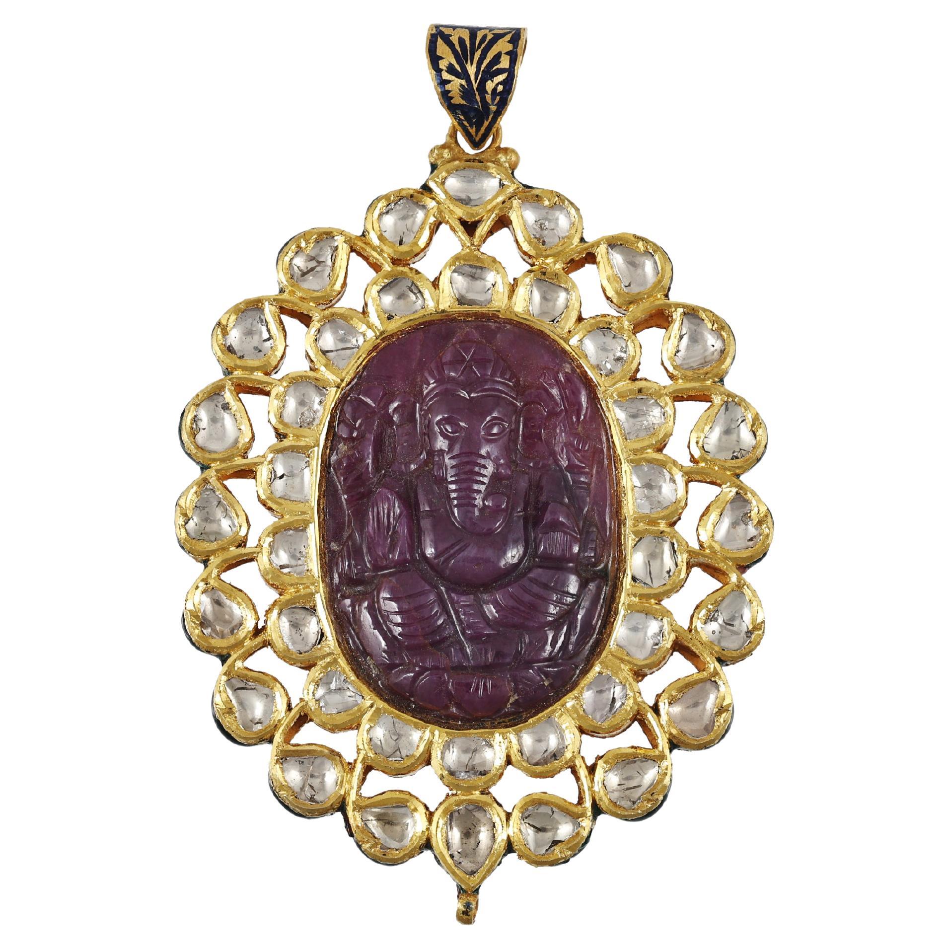 22K gold, diamond polki and natural ruby Ganesha ji Carving pendant