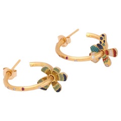 22K Gold Diamond Ruby and Enamel Flower Hoop Reversible Earrings by AGARO