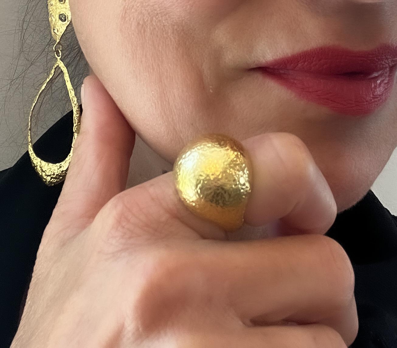 22k gold dome ring is part of the Essentials Collection which is the ultimate in ease and beauty. Effortlessly transitions from day to night. These are the foundational pieces that all other collections were born. 22k gold, hand made and textured