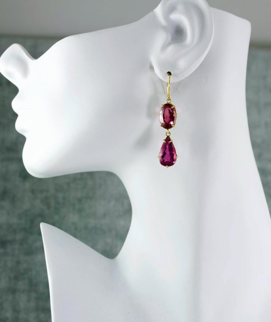 The painterly hues of pink tourmaline prong set in 22k gold are what make this one of a kind, handcrafted pair so unique.  Margery Hirschey, trained as a painter is always drawn to colors that subtly compliment each other and are more beautiful