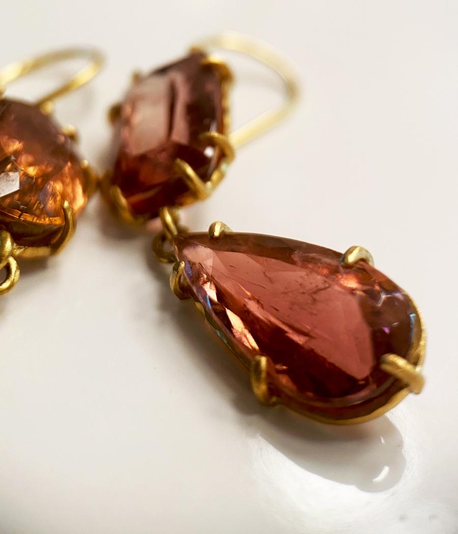 Artist Margery Hirschey 22 Karat Gold Double Drop Juicy Pink Tourmaline Earrings For Sale