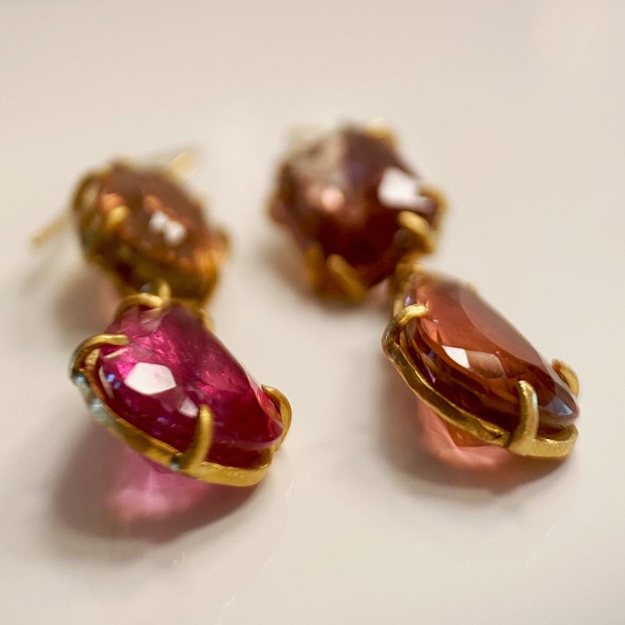 Mixed Cut Margery Hirschey 22 Karat Gold Double Drop Juicy Pink Tourmaline Earrings For Sale