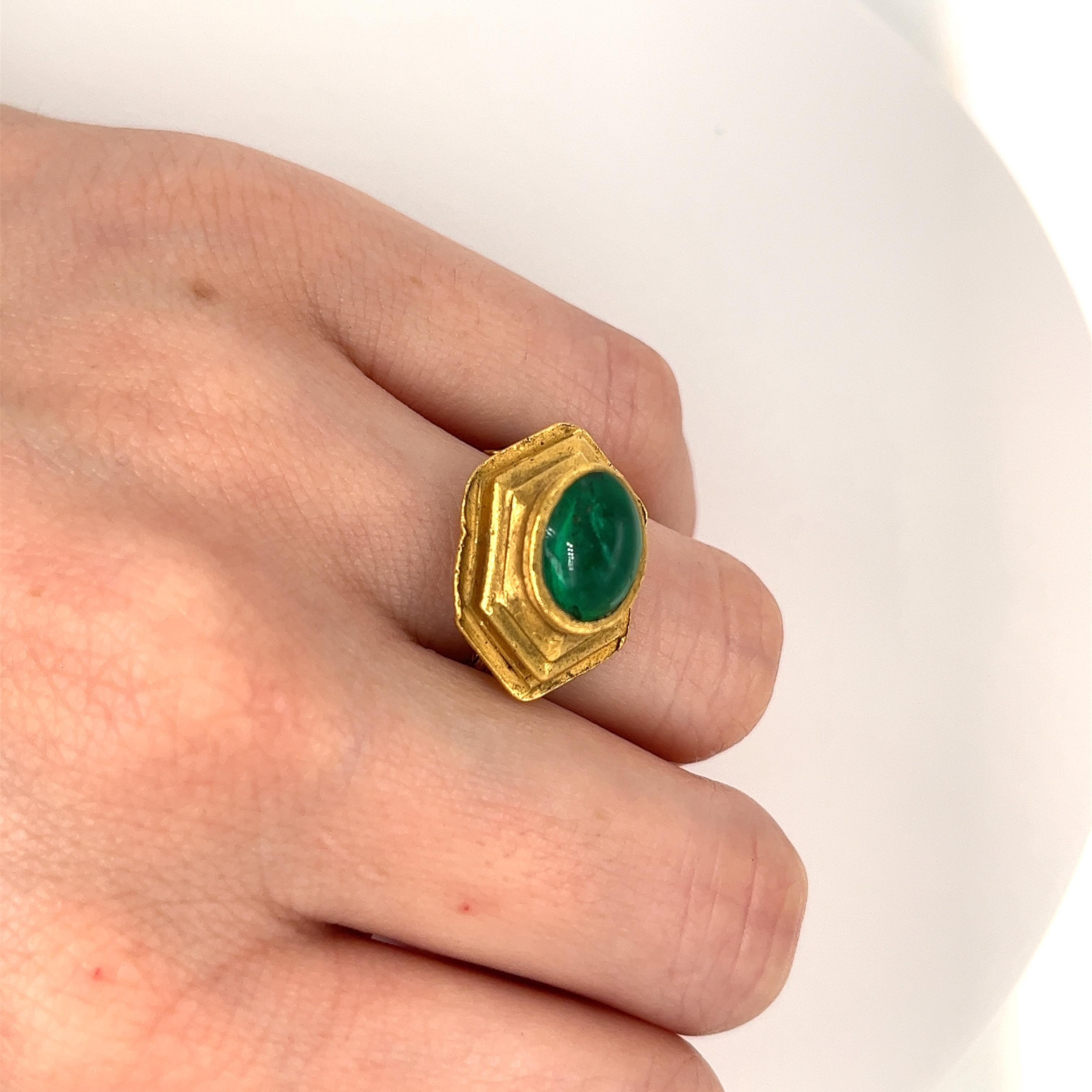 Cabochon 22k Gold Egyptian Revival Emerald and Garnet Movable Ring For Sale