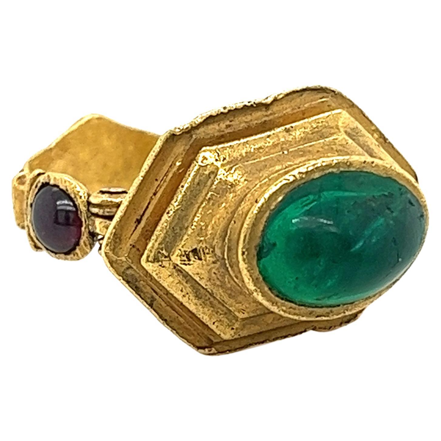 22k Gold Egyptian Revival Emerald and Garnet Movable Ring For Sale