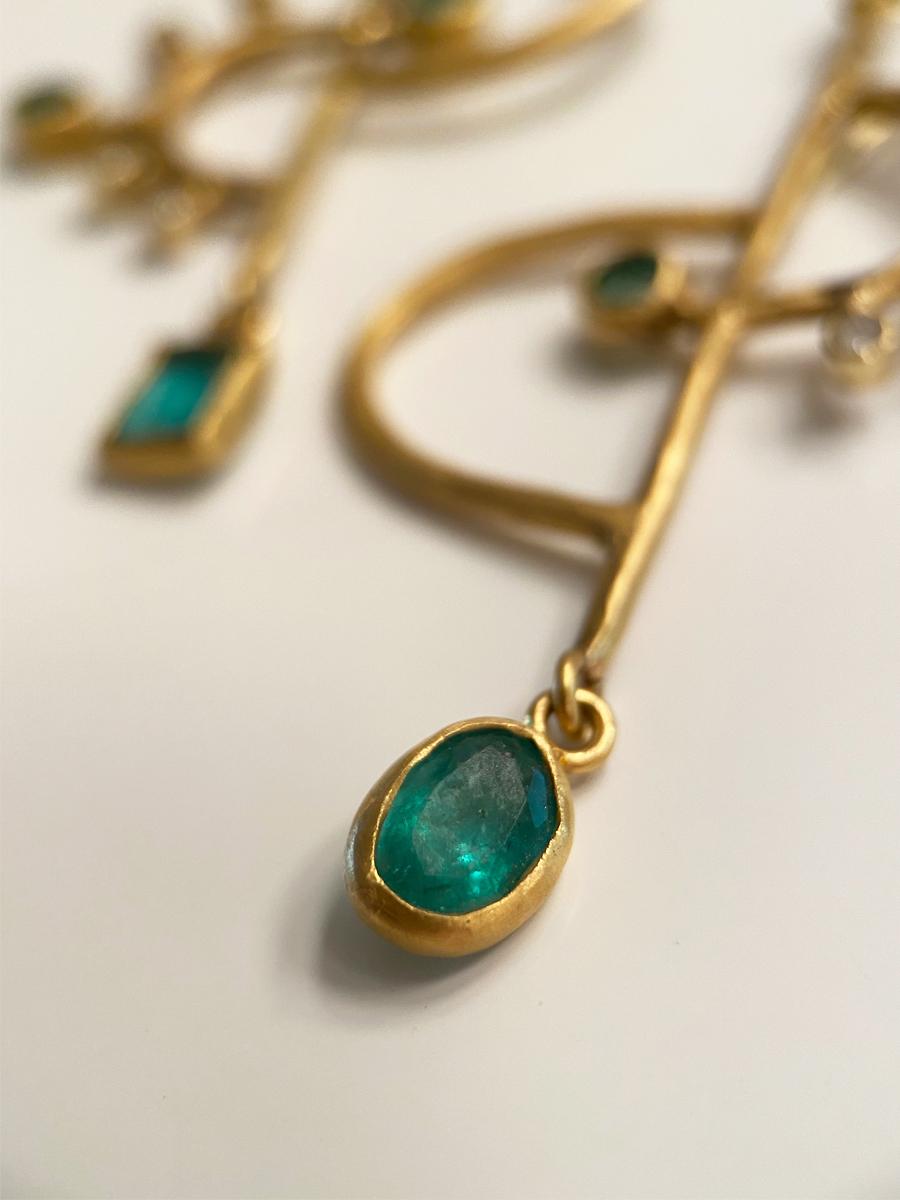 Emerald Cut Margery Hirschey 22 Karat Gold Emerald and Diamond Asymmetric Mobile Earrings For Sale