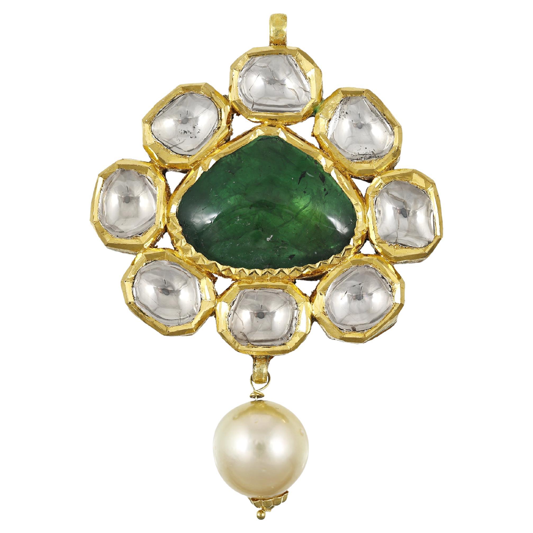 22K gold emerald and diamond pendant with pearl, antique indian small pendant