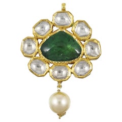 22K gold emerald and diamond pendant with pearl, antique indian small pendant