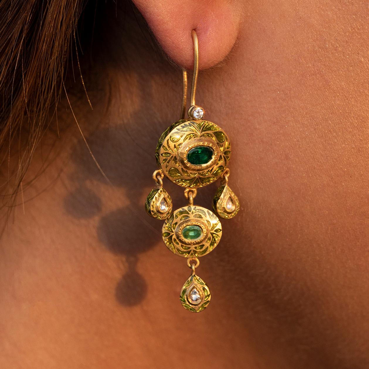 Artisan 22k Gold Emerald, Diamond & Green Enamel Reversible Girandole  Earrings by Agaro For Sale