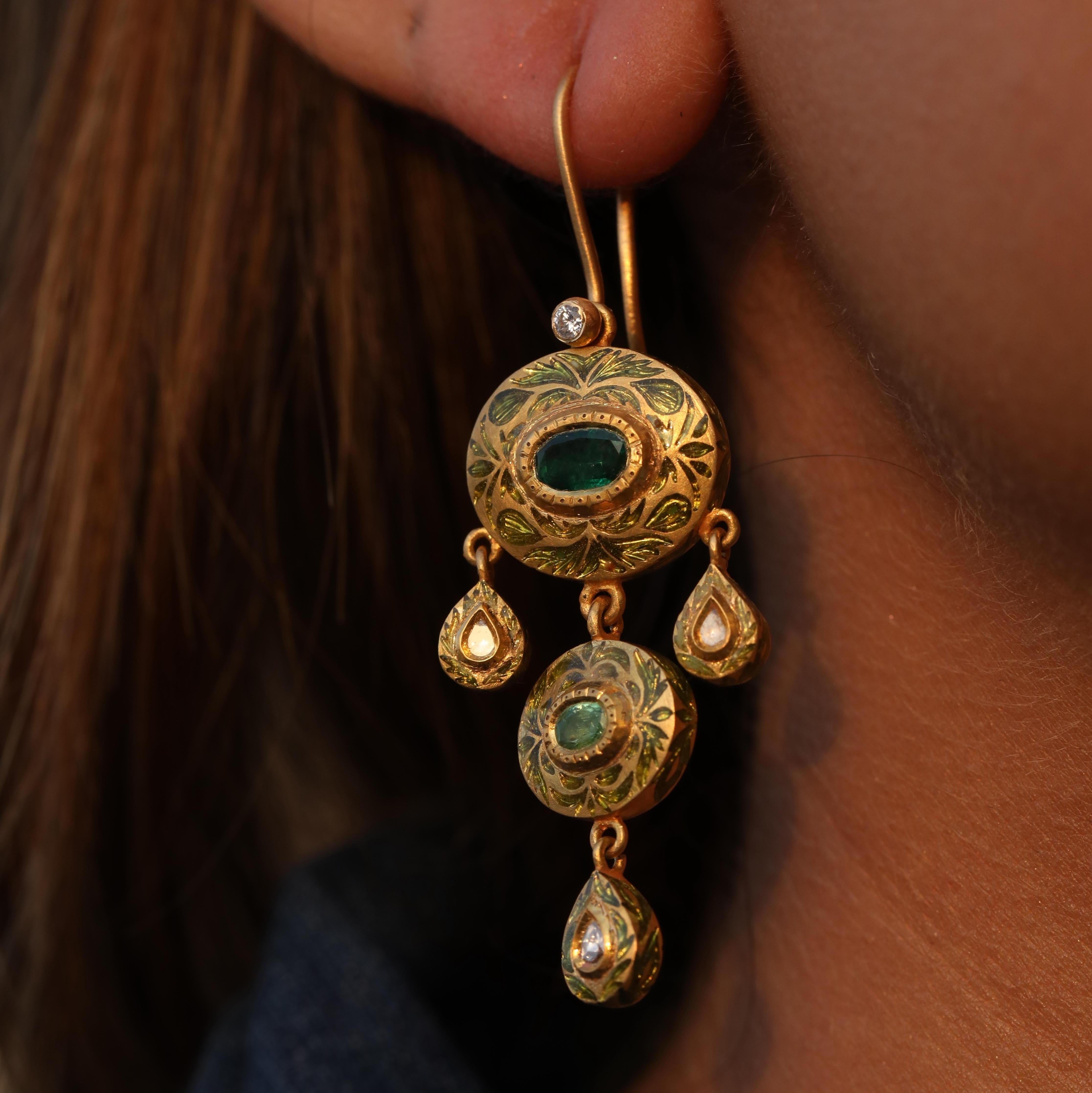 Brilliant Cut 22k Gold Emerald, Diamond & Green Enamel Reversible Girandole  Earrings by Agaro For Sale