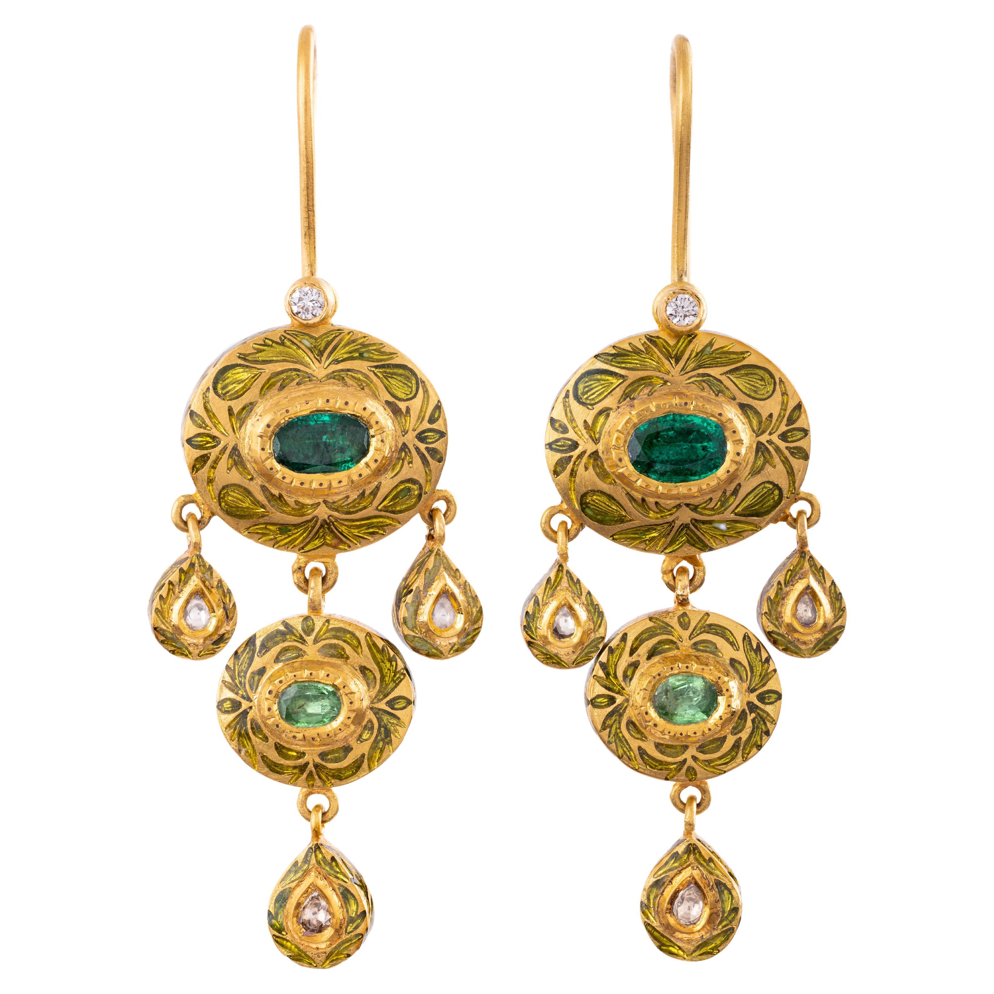 22k Gold Emerald, Diamond & Green Enamel Reversible Girandole  Earrings by Agaro