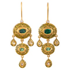 22k Gold Emerald, Diamond & Green Enamel Reversible Girandole  Earrings by Agaro