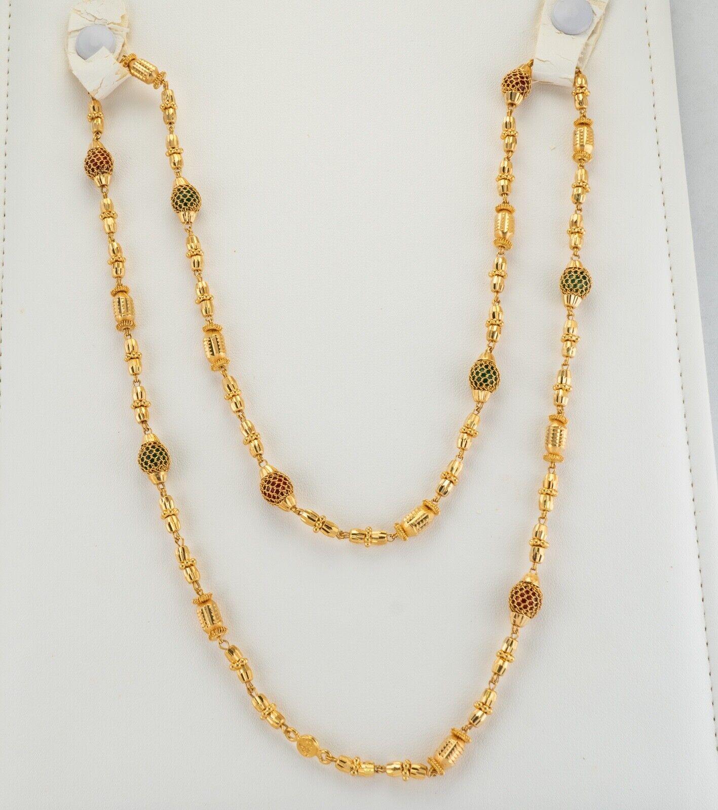 Collana di perline in oro 22K con smalto rosso e perline verdi, lunga 25