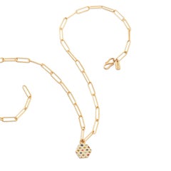 22K Gold & Enamel Flower Hexagon Pendant Paperclip Necklace Handmade by Agaro