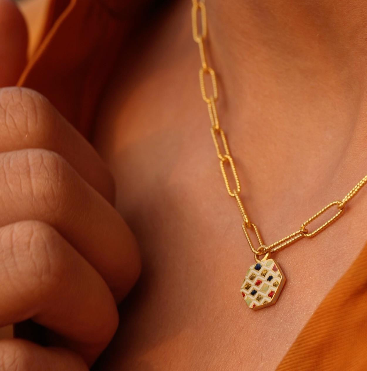 Women's or Men's 22K Gold & Enamel Flower Hexagon Pendant Paperclip Necklace Handmade by Agaro For Sale