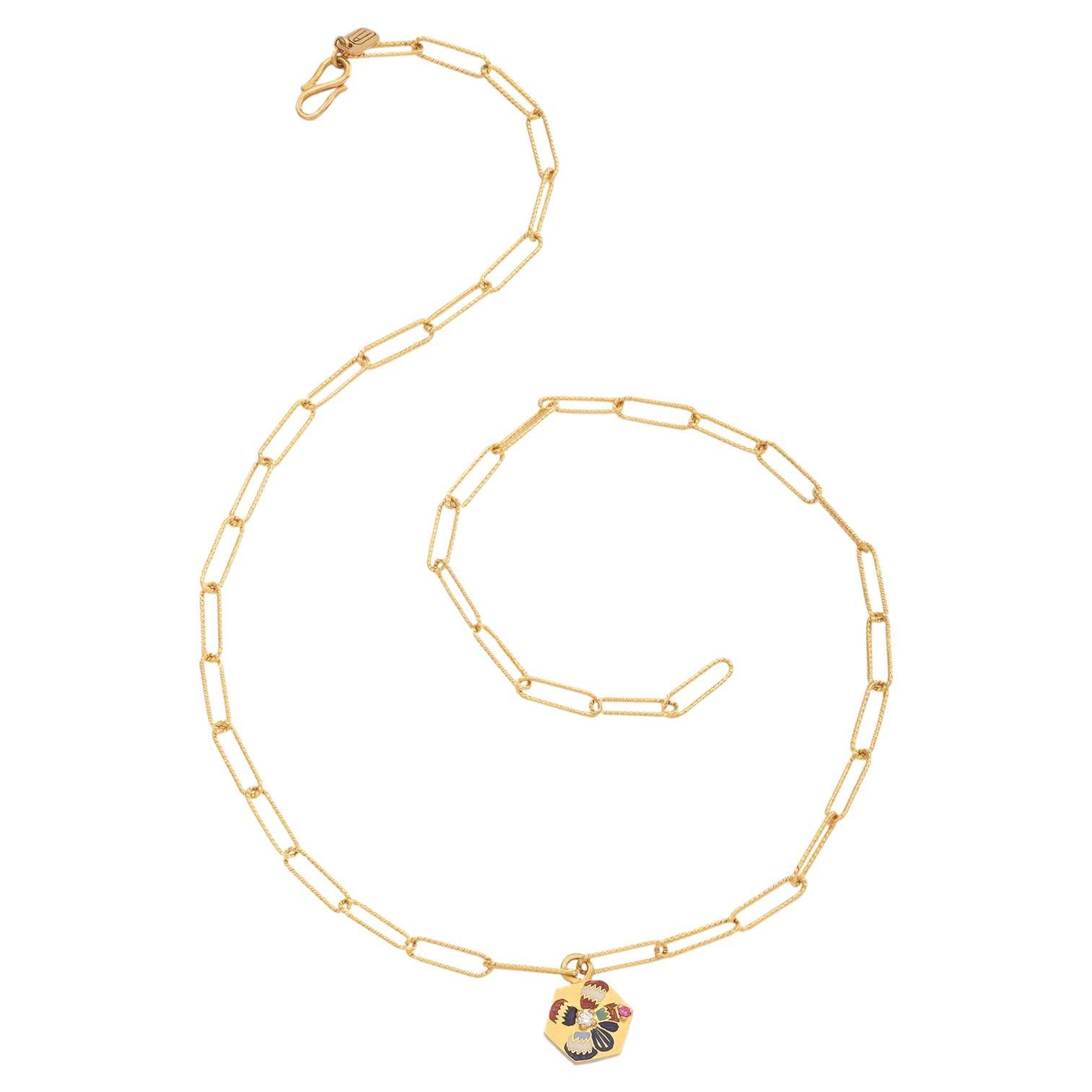 22K Gold & Enamel Flower Hexagon Pendant Paperclip Necklace Handmade by Agaro For Sale