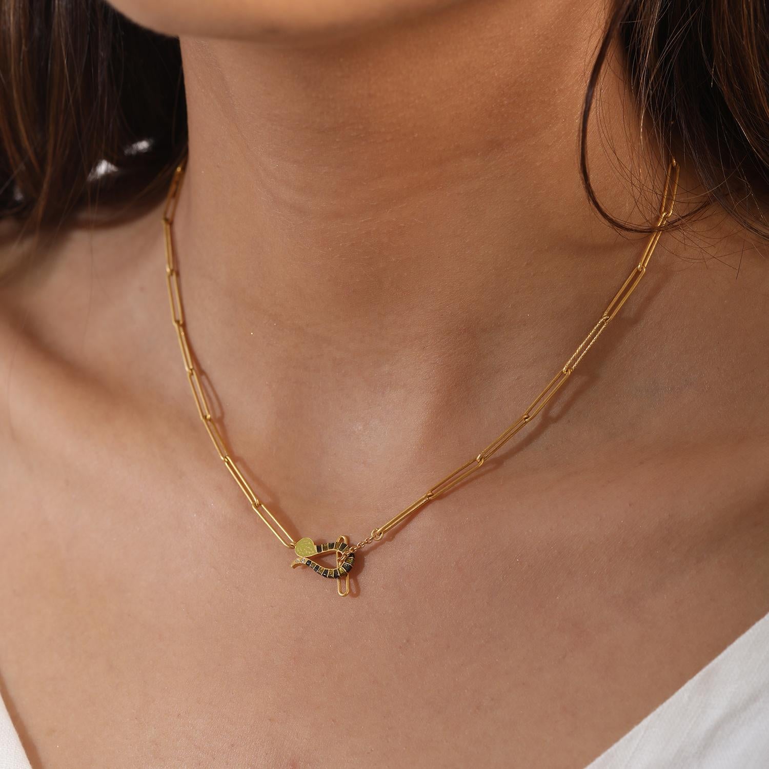 Brilliant Cut 22K Gold & Enamel Paperclip Chain Necklace with Toggle Clasp Handmade by Agaro For Sale
