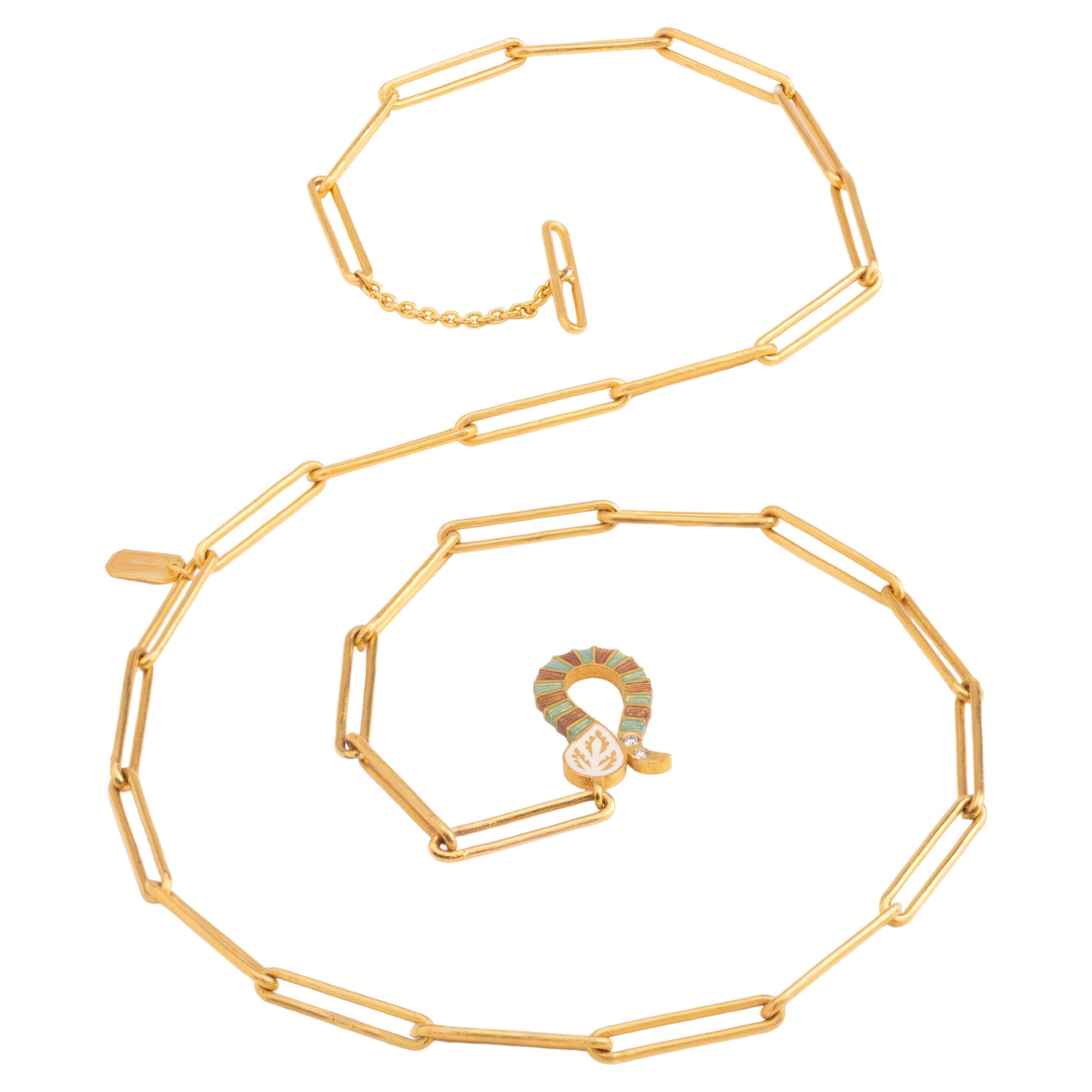 22 Karat Gold & Emaille Papierclip Kette Halskette mit Knopfleiste Handgefertigt von Agaro im Angebot