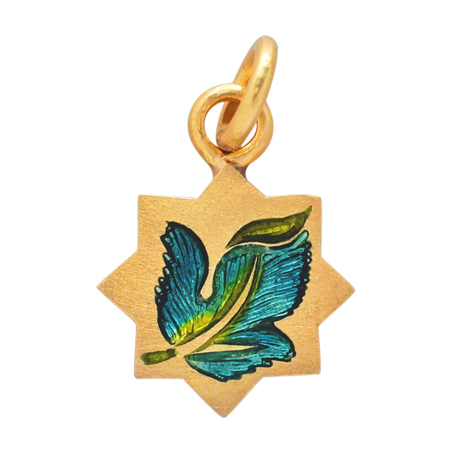 Brilliant Cut 22K Gold Enamel Parrot Charm Pendant Reversible With Diamond Handmade by Agaro For Sale