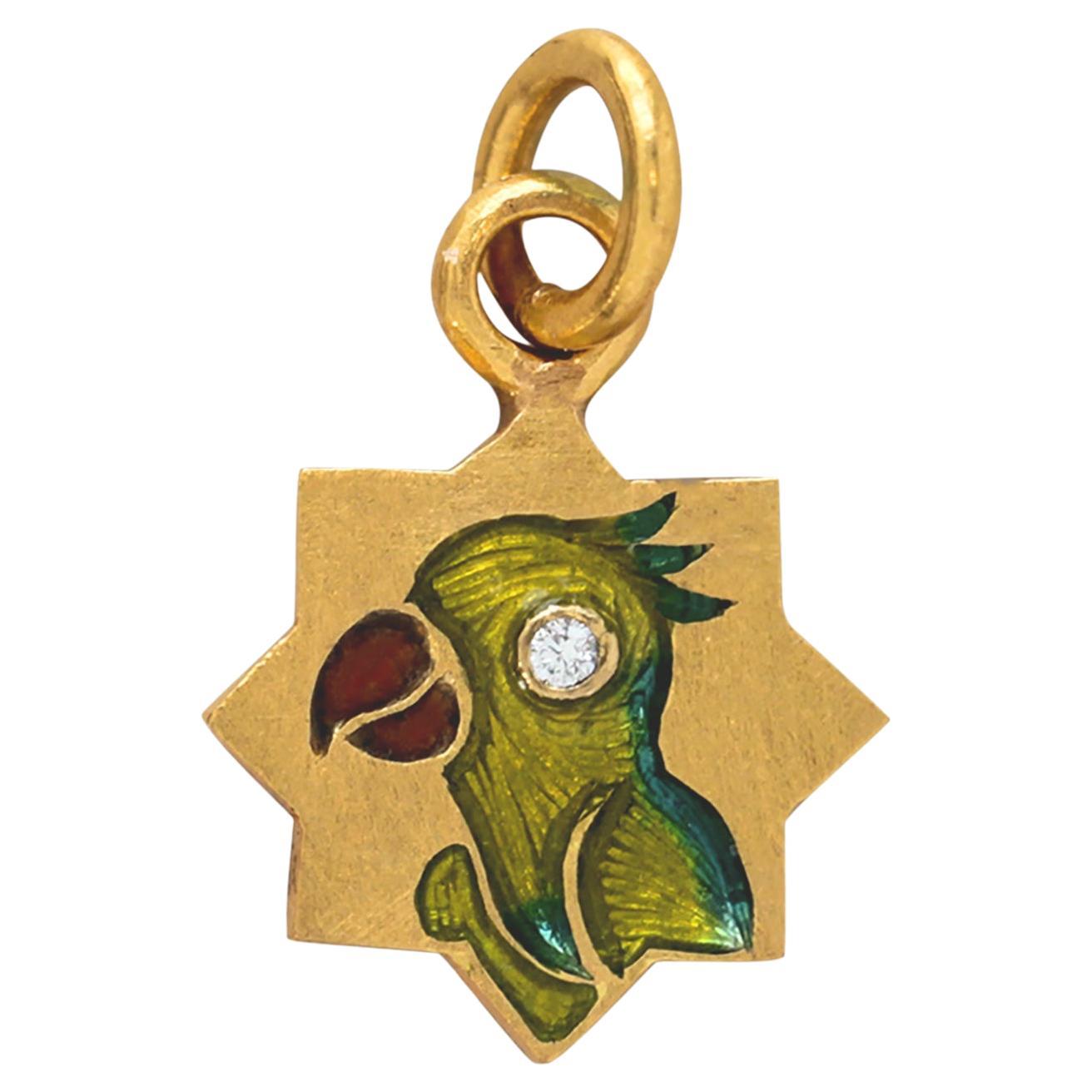 Artisan 22K Gold Enamel Parrot Charm Pendant Reversible With Diamond Handmade by Agaro For Sale