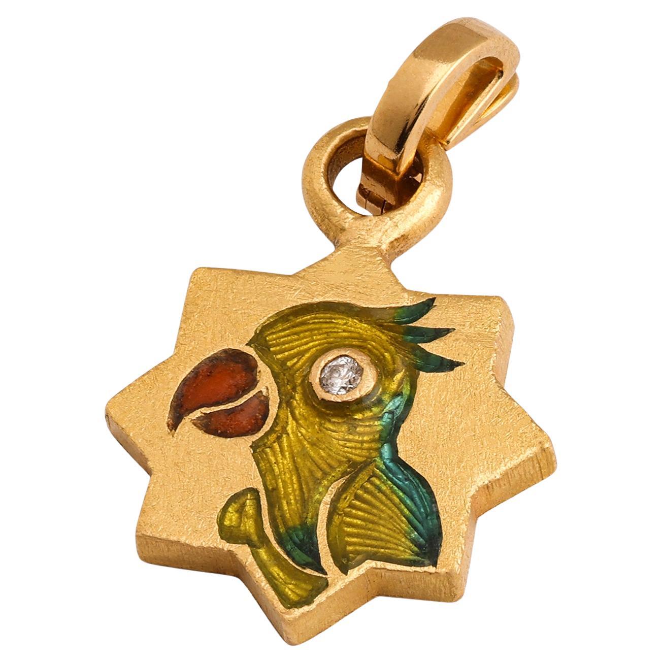 22K Gold Enamel Parrot Charm Pendant Reversible With Diamond Handmade by Agaro For Sale