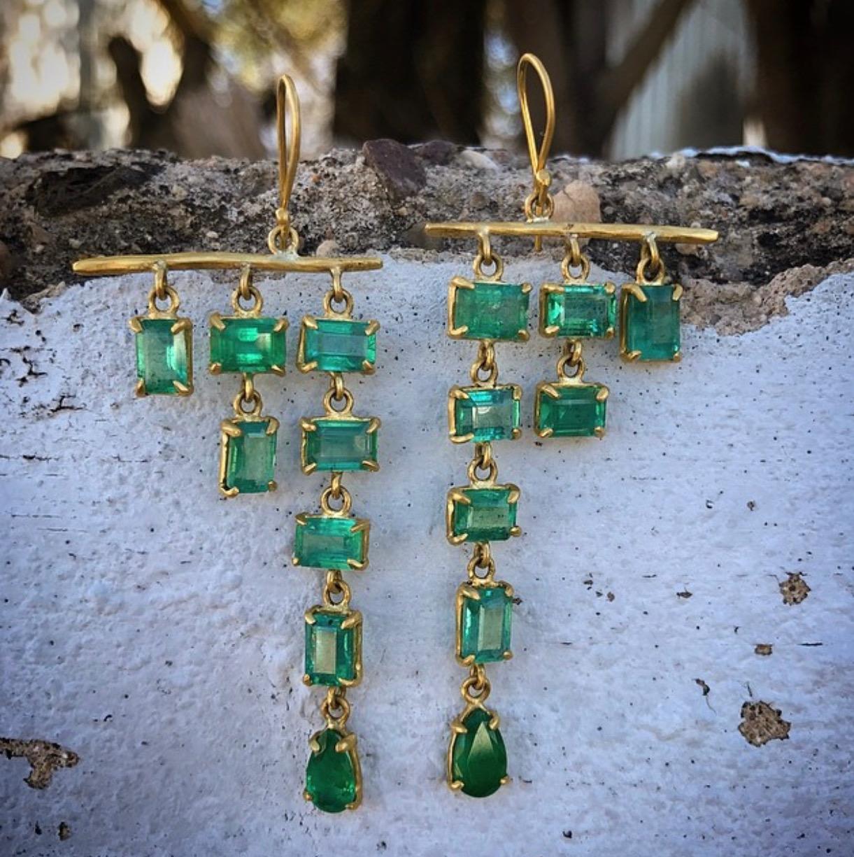 Emerald Cut Margery Hirschey 22k Gold Ethically Sourced Gemfields Emerald Cascade Earrings For Sale