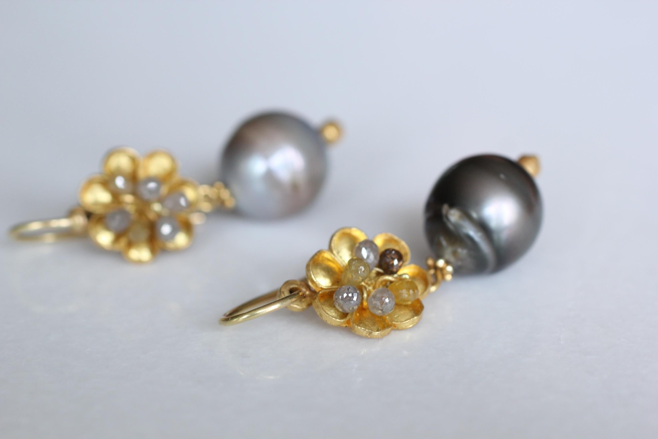 Women's 22K Gold Gray Tahitian Pearls Diamond Contemporary Drop Dangle Earrings