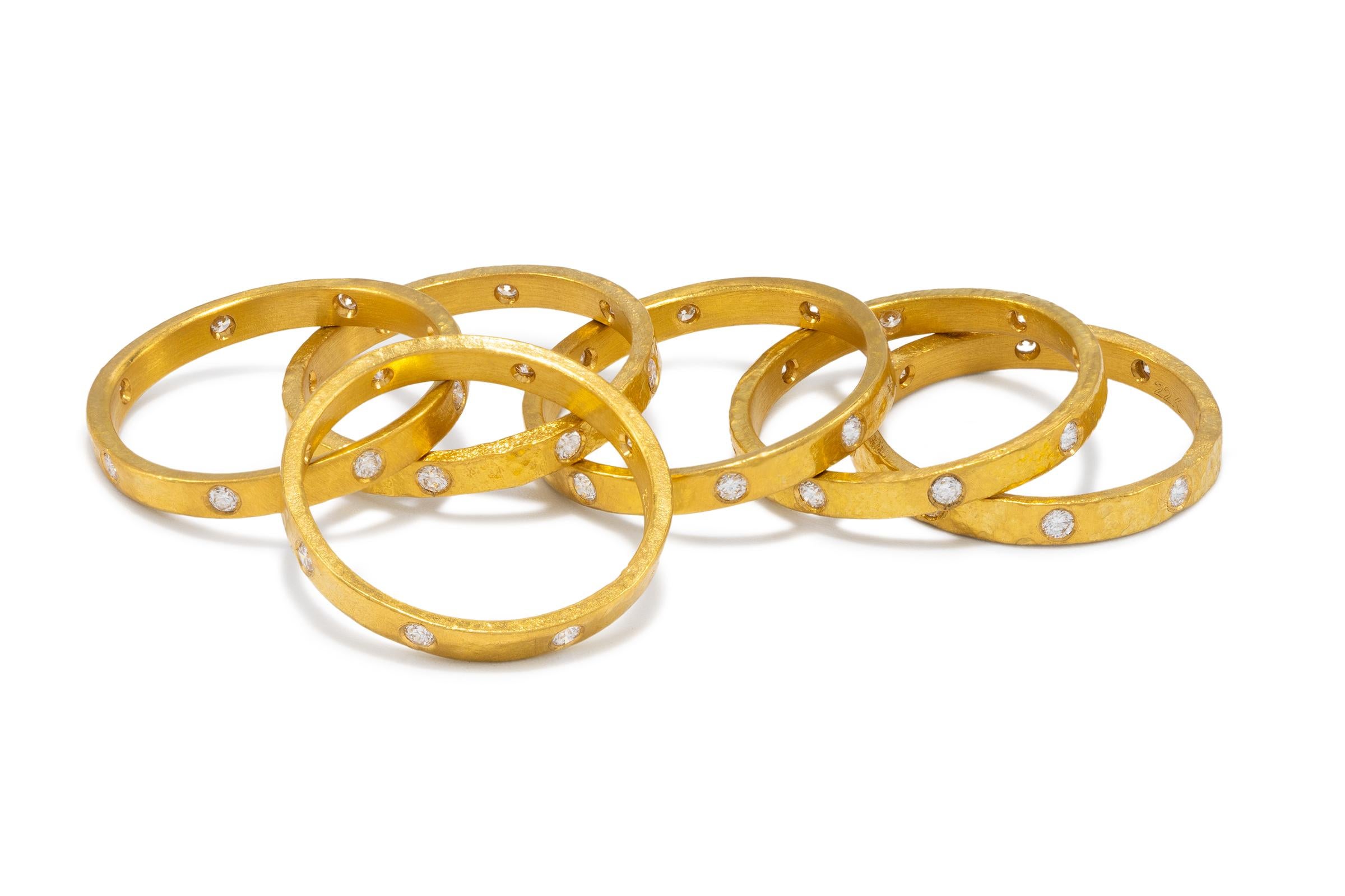 Round Cut 22k Gold and Diamond Hammered Stacking Rings For Sale