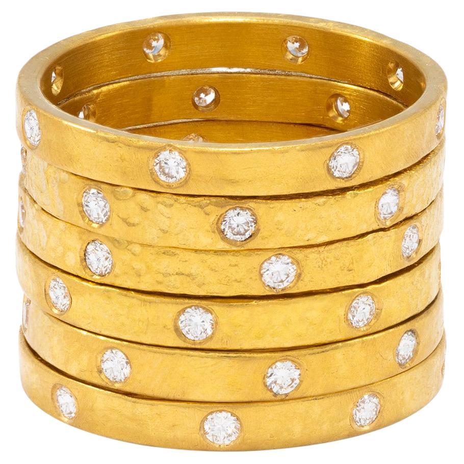 22k Gold and Diamond Hammered Stacking Rings For Sale