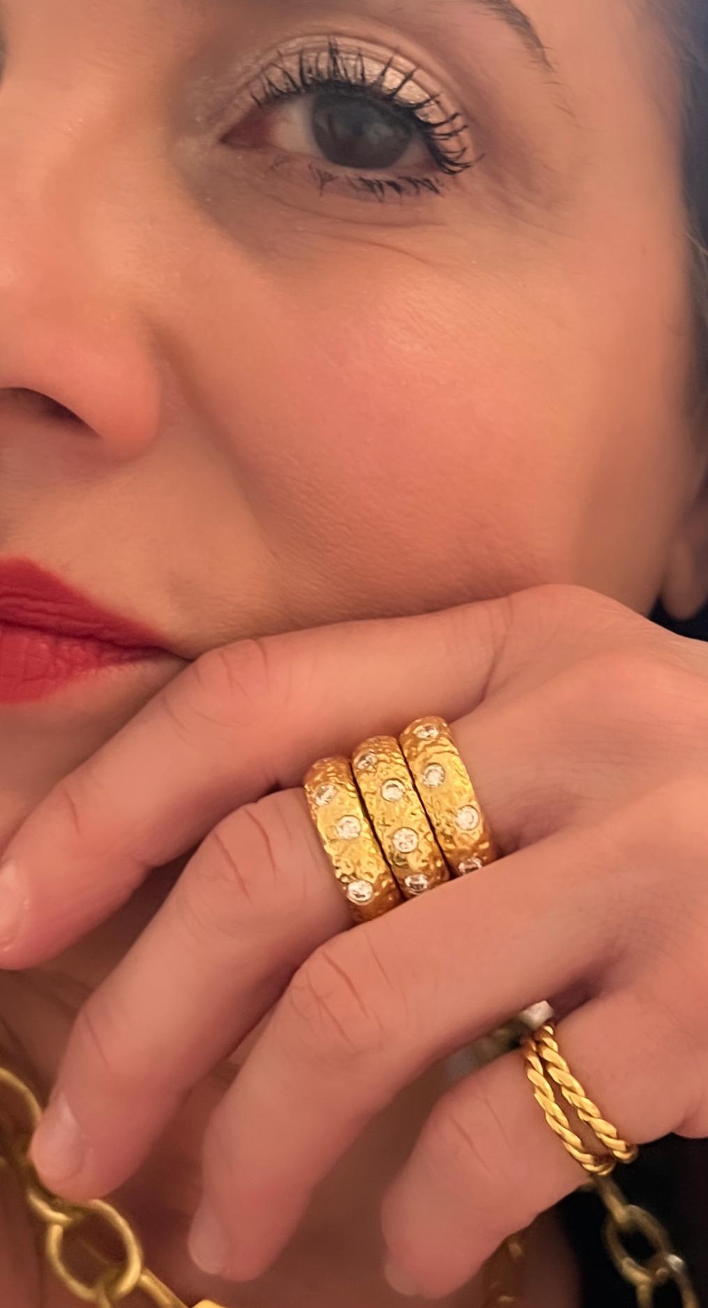 22k gold hand hammered, hand textured stacking rings are perfect with the added touch of diamonds!. Take your look to the next level with these 22k gold thick diamond stacking rings. They are perfect alone or stack with others like it or pair with
