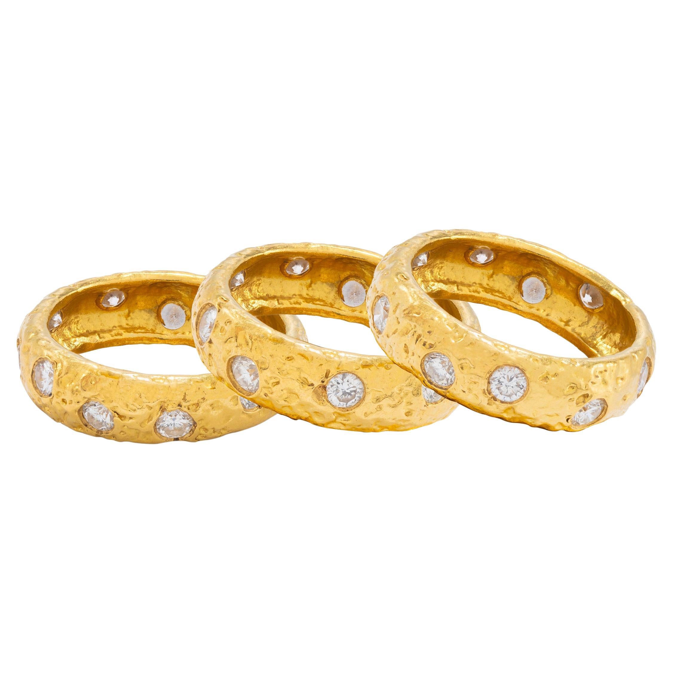 22k Gold Hammered Thick Stacking Rings with Diamonds, by Tagili For Sale