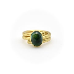 22K Gold Hand-Hammered Ring with Blue-Green Tourmaline Cabochon
