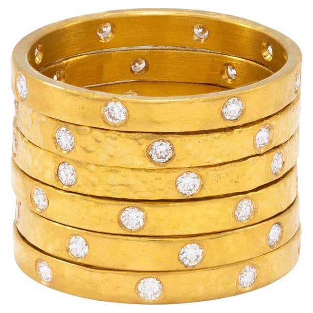 22k Gold Hammered Thick Stacking Rings with Diamonds, by Tagili For ...