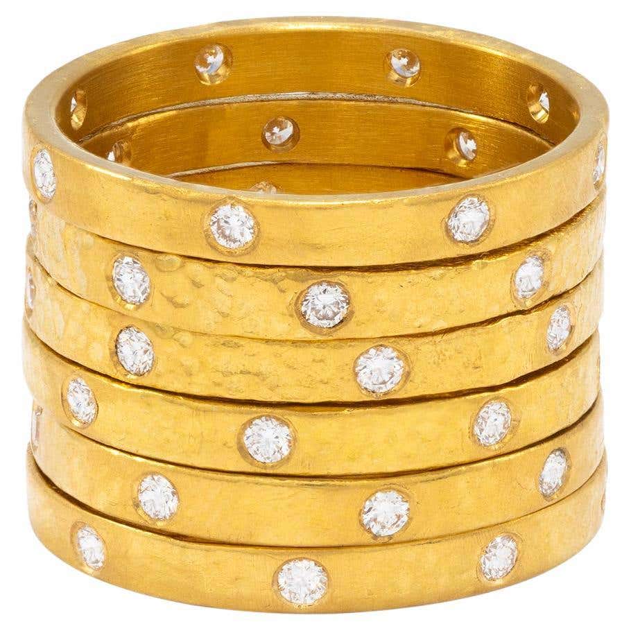 22k Gold Hammered Thick Stacking Rings with Diamonds, by Tagili For ...