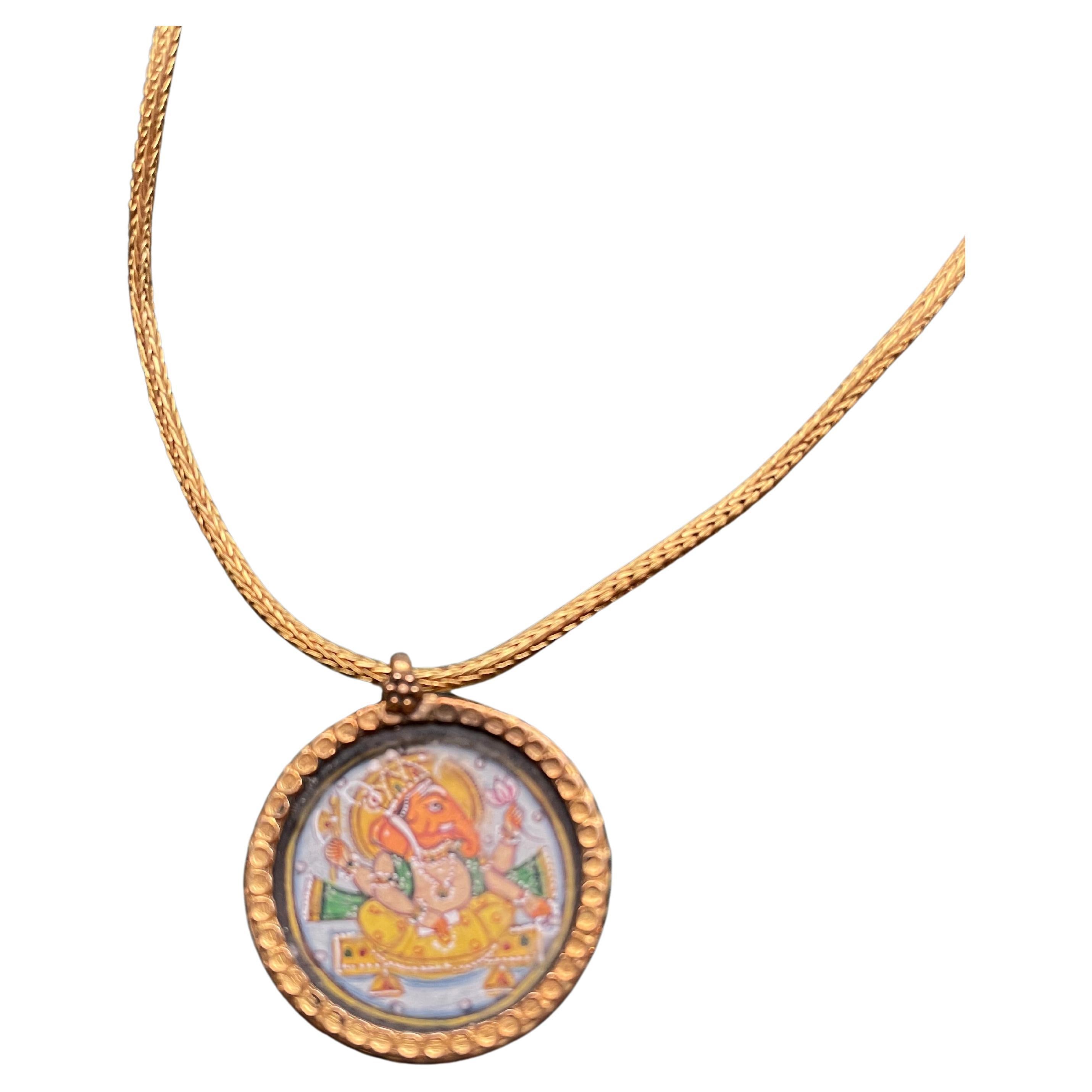 22K Gold, Hand-Painted Ganesh Pendant Necklace, India For Sale