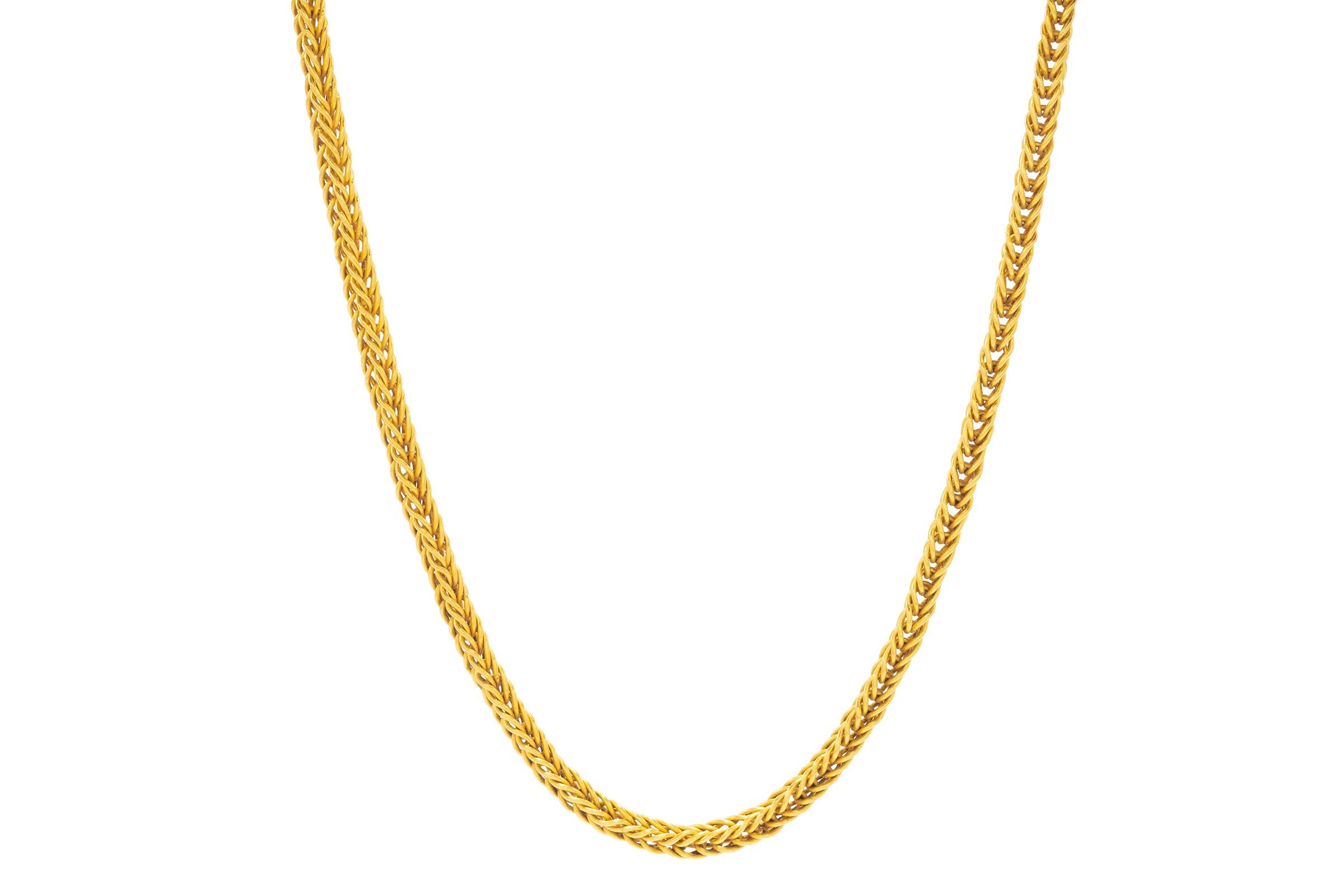 Using the ancient art of gold smithing, this intricately woven chain is handmade using pure 22k gold. Each jump ring is hand shaped and fused, then woven together and completed with a unique handmade S hook clasp. A classic look, rich feel and every