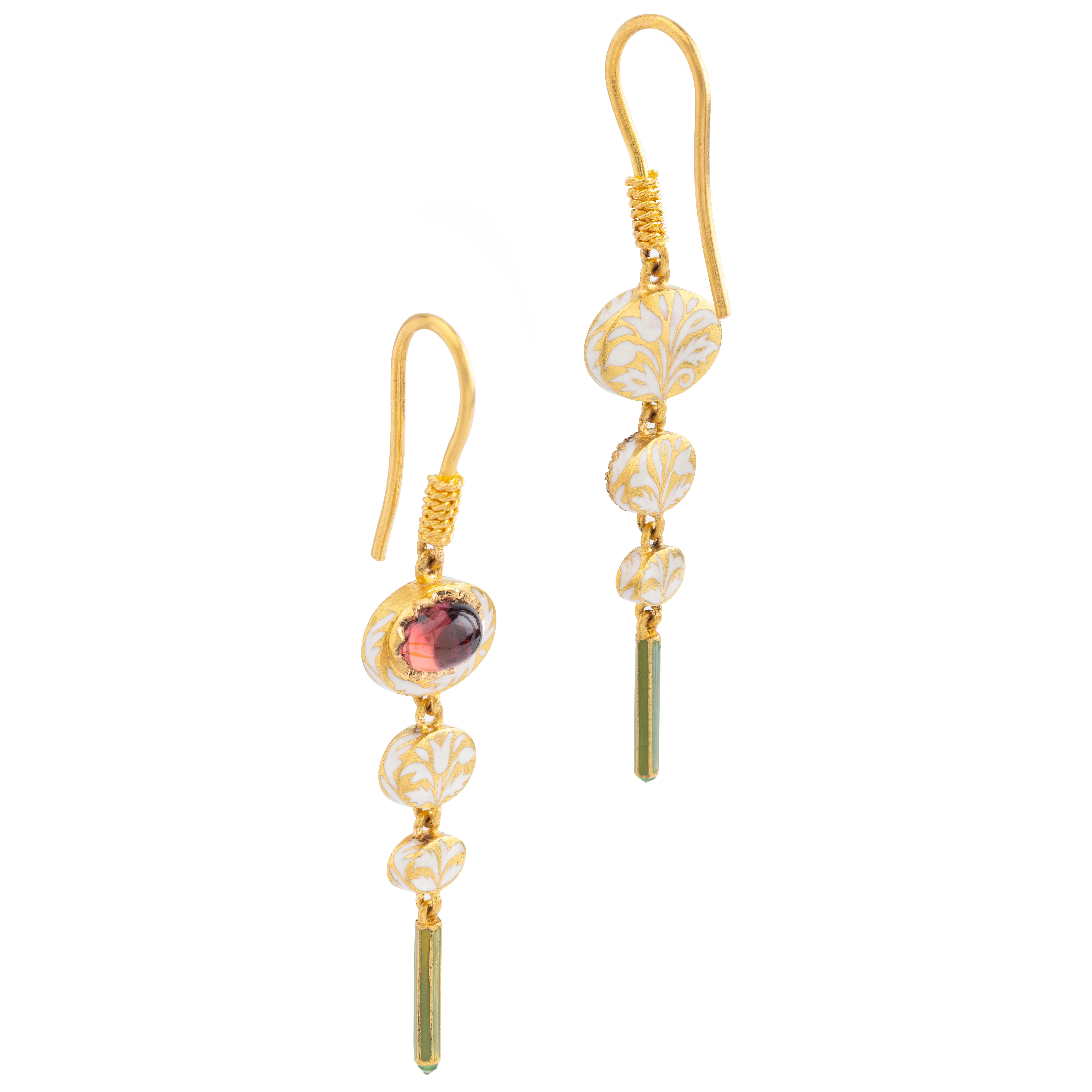 Artisan 22k Gold Handmade 1.1 Carat Tourmaline Enamel Dangle Earrings by Agaro Jewels For Sale