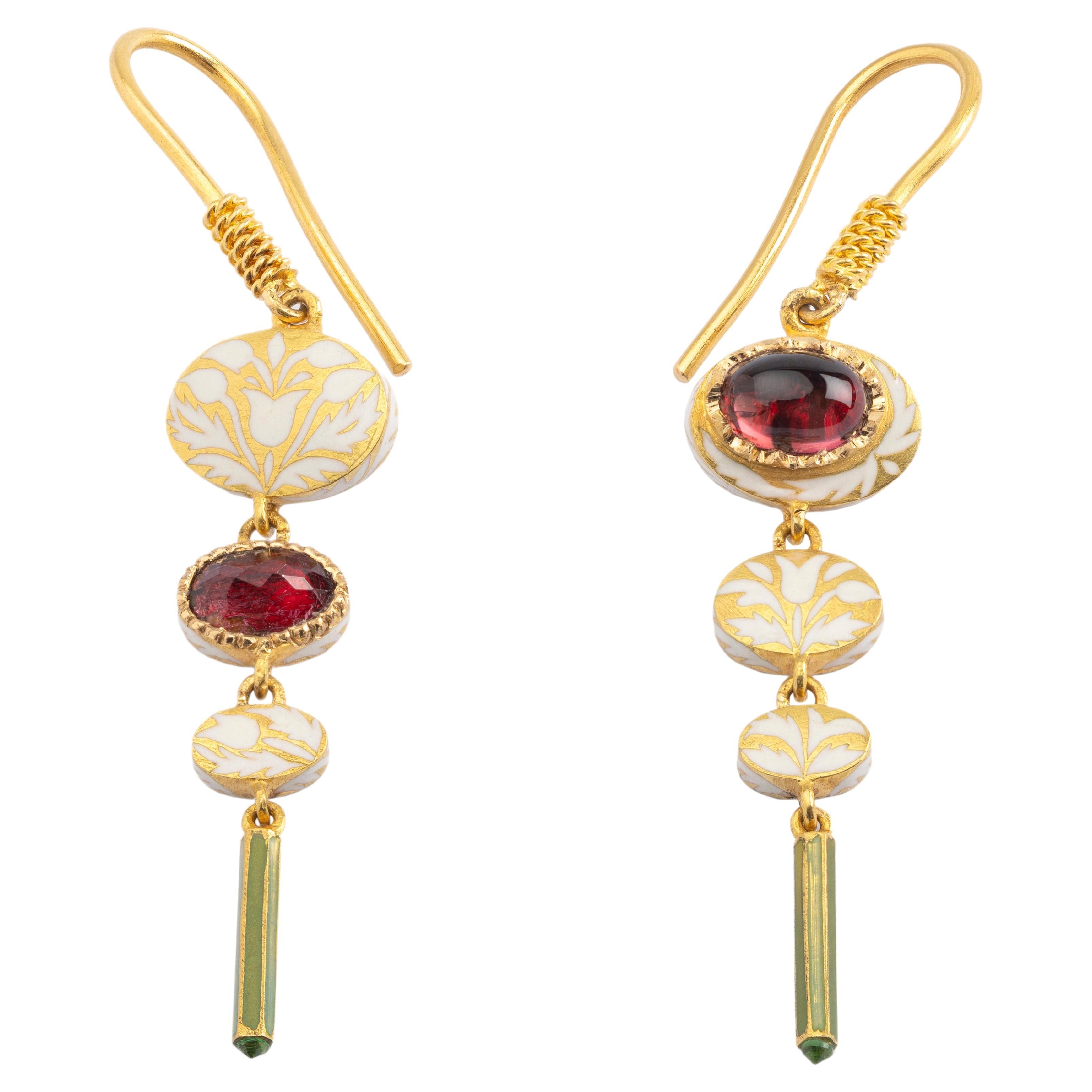22k Gold Handmade 1.1 Carat Tourmaline Enamel Dangle Earrings by Agaro Jewels For Sale