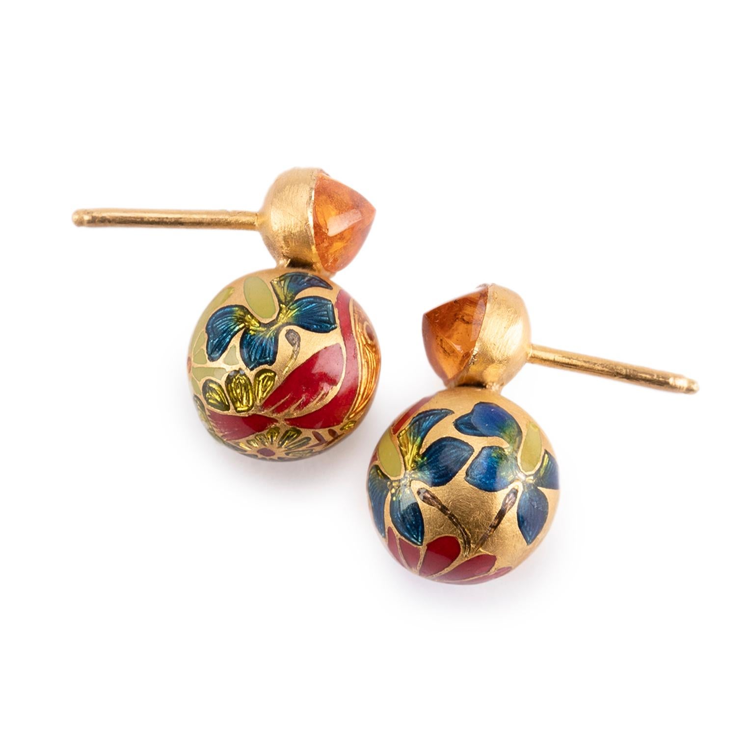 These beautiful floral studs are from Agaro Jewels' whimsical Bloom collection. The studs have been hand engraved and enameled with hot fired glass enamel using an ancient 17th century jewelry making art from the ateliers of the Mughal Court. The