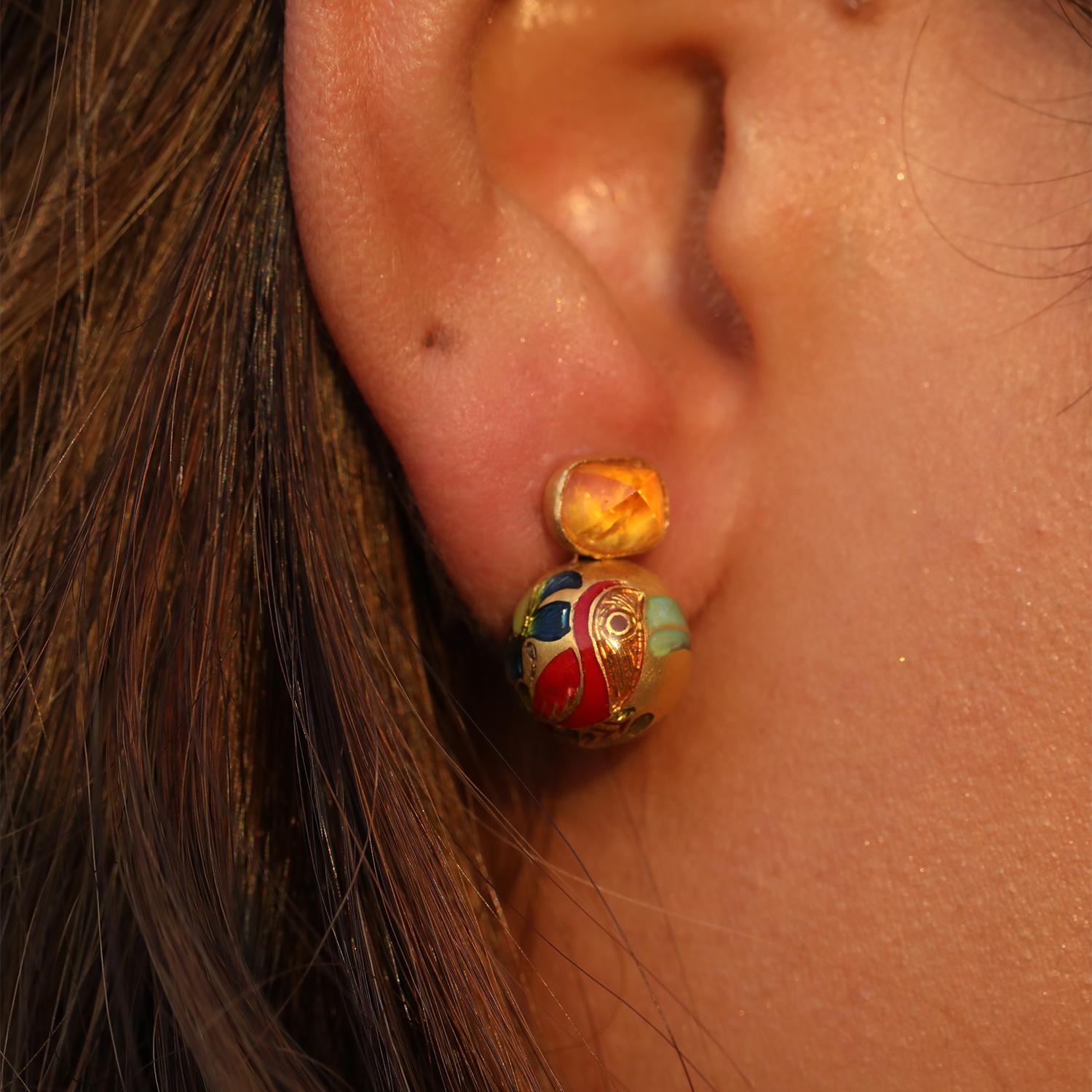 22k Gold Handmade 2.3 Carat Mandarin Garnet Floral Enamel Studs by Agaro Jewels In New Condition For Sale In New York, NY