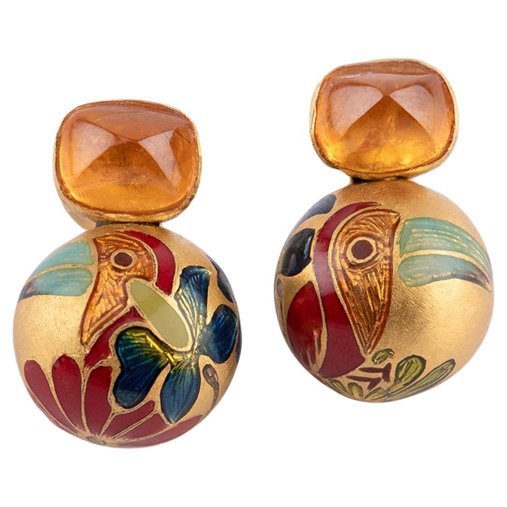 22k Gold Handmade 2.3 Carat Mandarin Garnet Floral Enamel Studs by Agaro Jewels For Sale