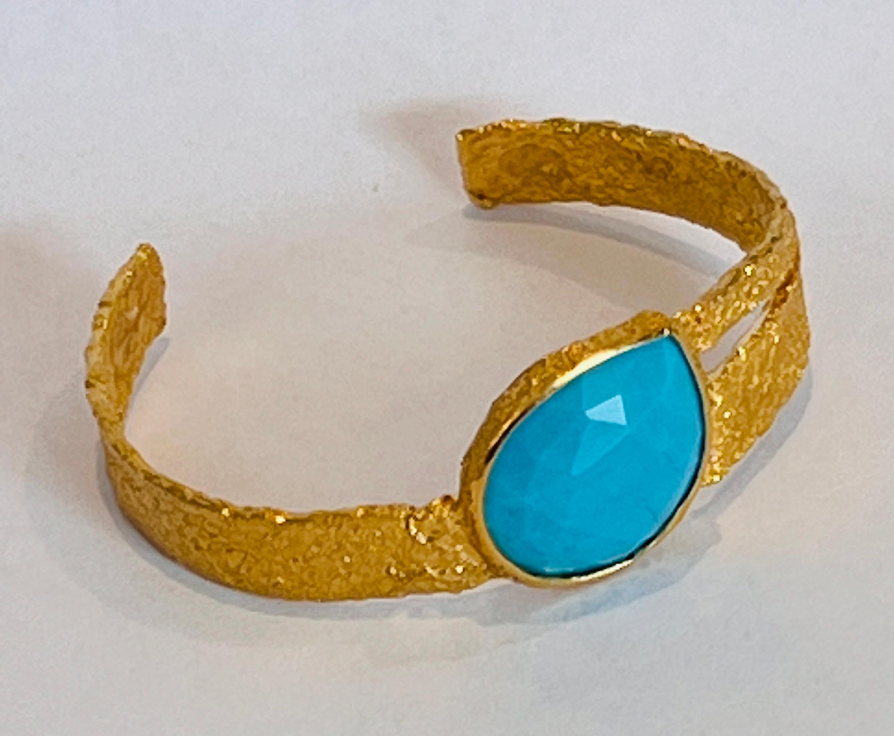 Women's 22k Gold Handmade Cuff with Turquoise, by Tagili For Sale