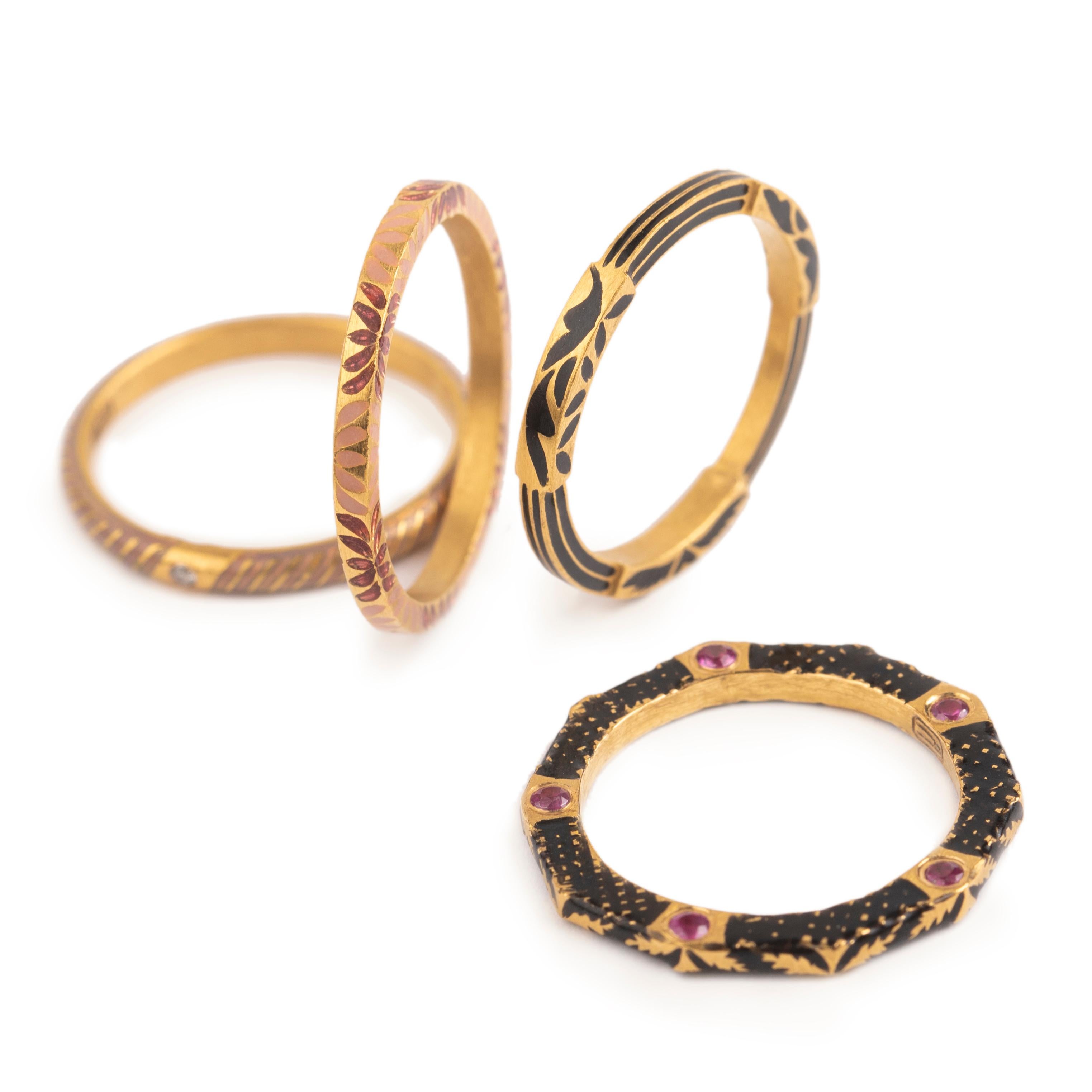 For Sale:  22K Gold Handmade Floral Enamel Stackable Infinity Band Rings Set of 4 by Agaro 2