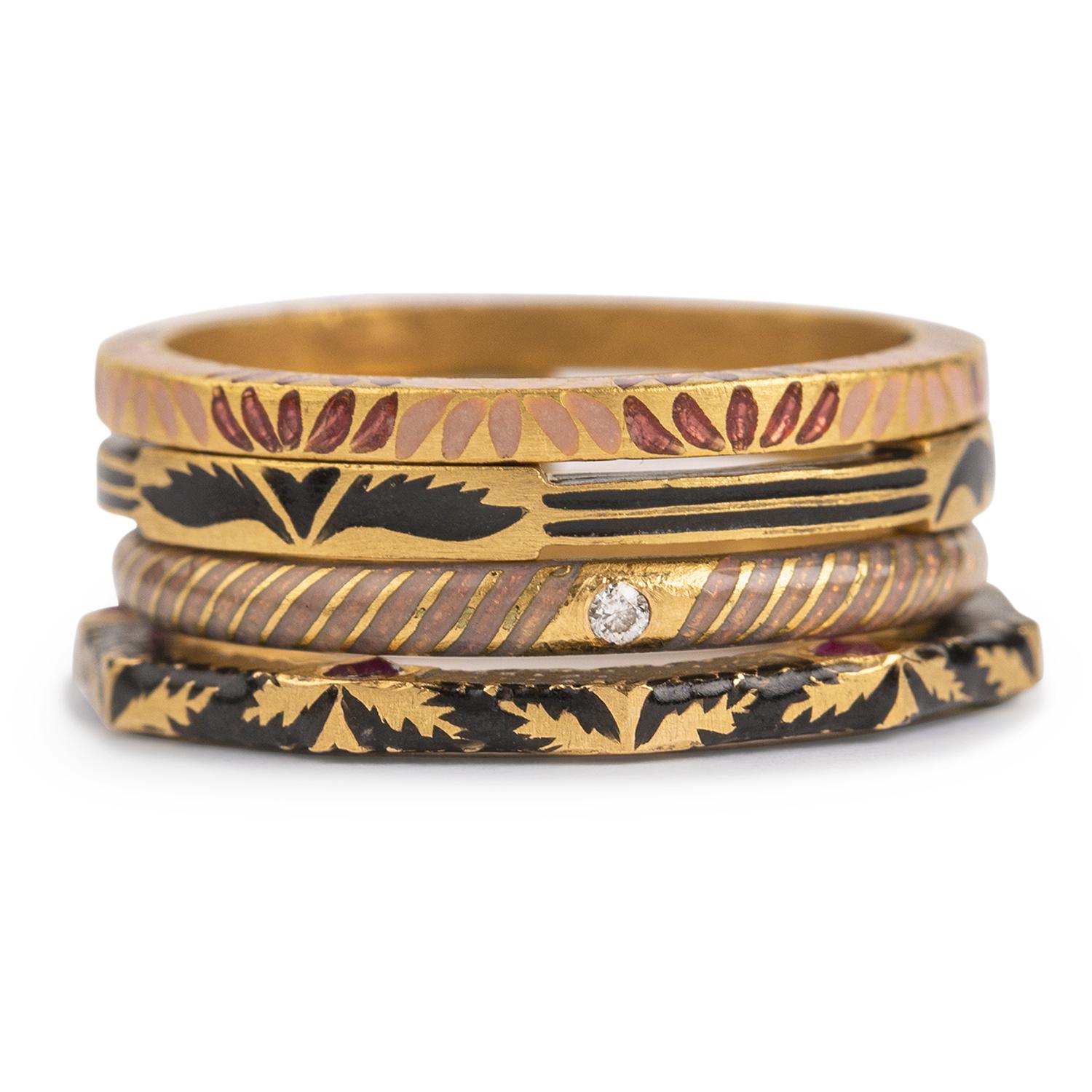 For Sale:  22K Gold Handmade Floral Enamel Stackable Infinity Band Rings Set of 4 by Agaro