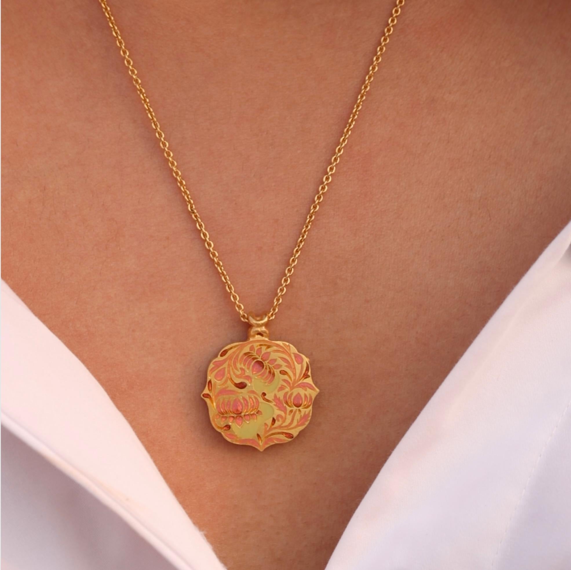 Artisan 22k Gold Handmade Pink Enamel Reversible Lotus Pendant Necklace by Agaro Jewels For Sale