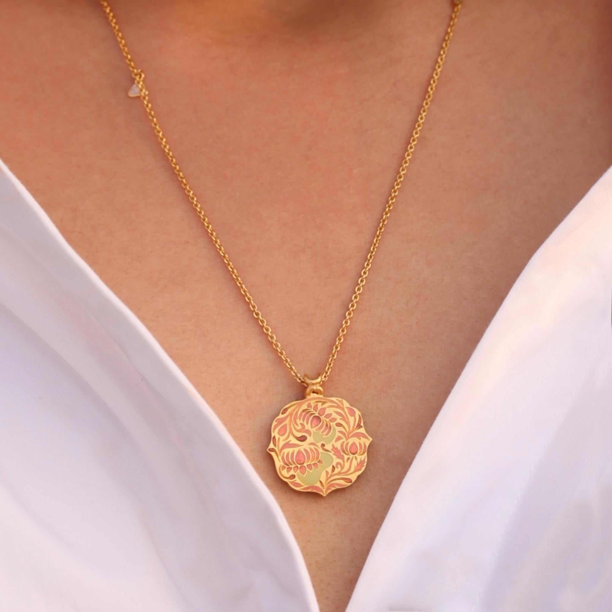 Brilliant Cut 22k Gold Handmade Pink Enamel Reversible Lotus Pendant Necklace by Agaro Jewels For Sale