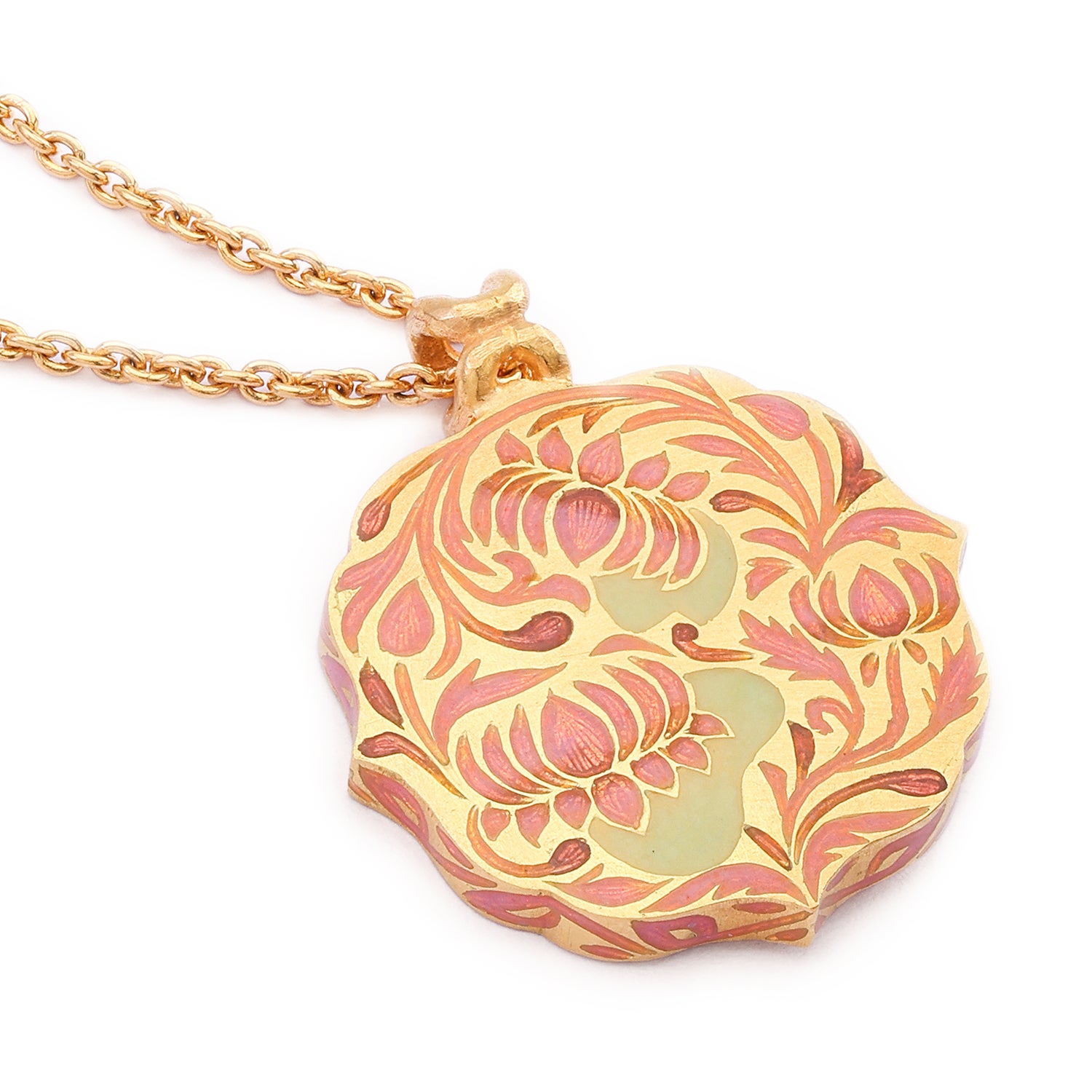 22k Gold Handmade Pink Enamel Reversible Lotus Pendant Necklace by Agaro Jewels For Sale