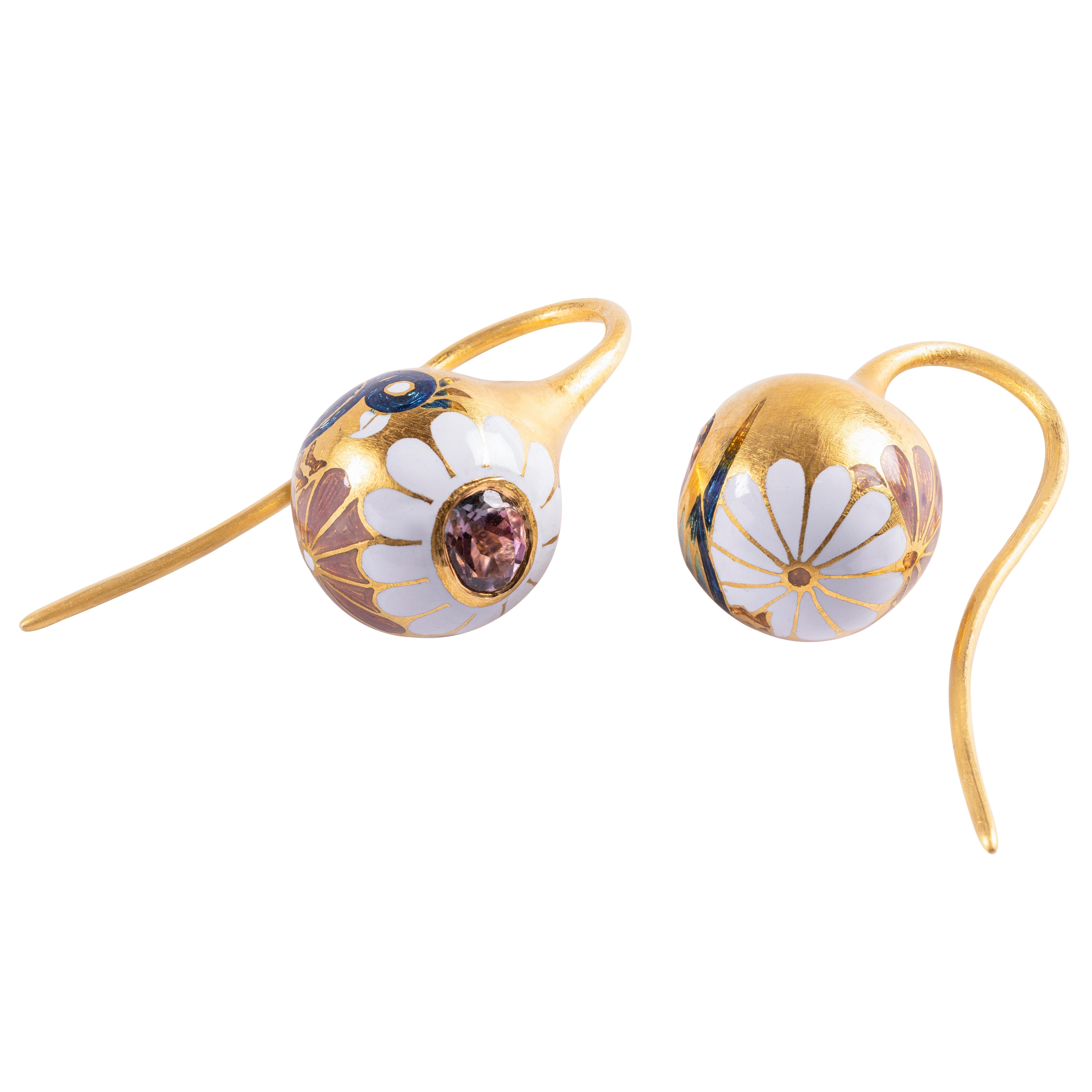 These kettlebell drop earrings are from Agaro Jewels' whimsical Bloom collection. All Agaro jewelry is entirely handmade, engraved and enameled with hot fired glass enamel using an ancient 17th century jewelry making art from the ateliers of the