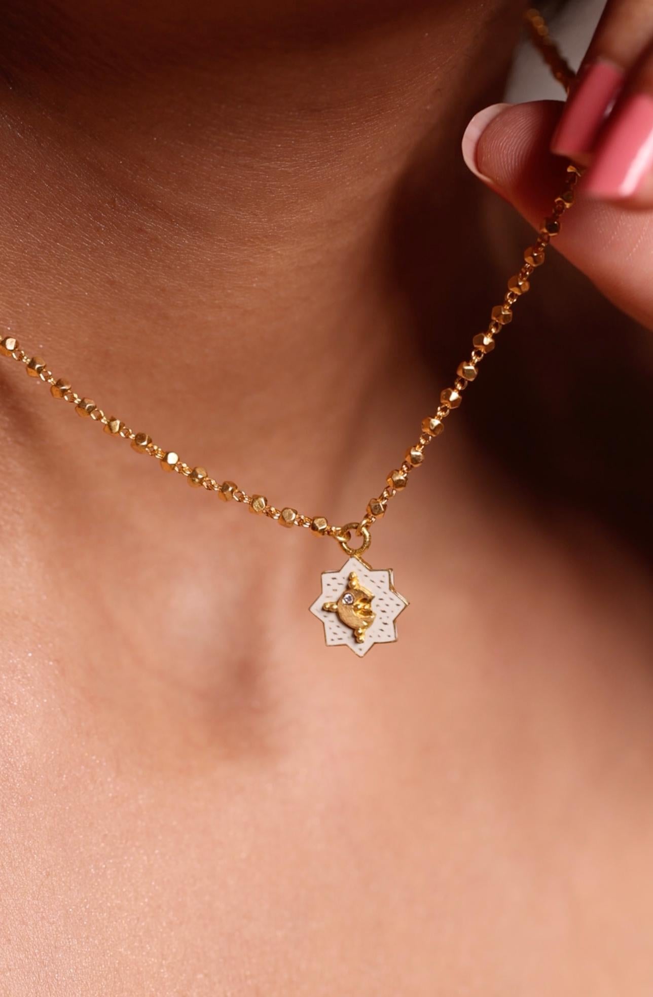 Artisan 22k Gold Handmade White Enamel Star Moon Reversible Pendant Necklace by Agaro For Sale